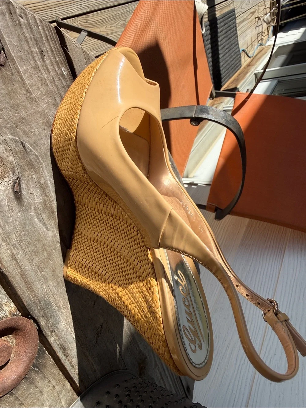 Gucci Beige/Tan Peep-Toe Slingback Wedge Heels